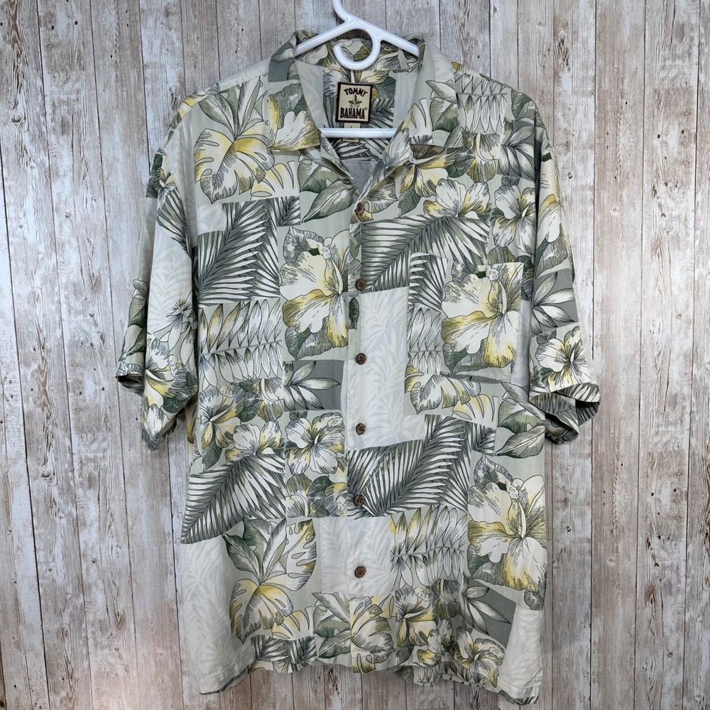 Tommy Bahama Mens Button Up Shirt‎ Large Tropical Palm Floral Pastel 100% Silk